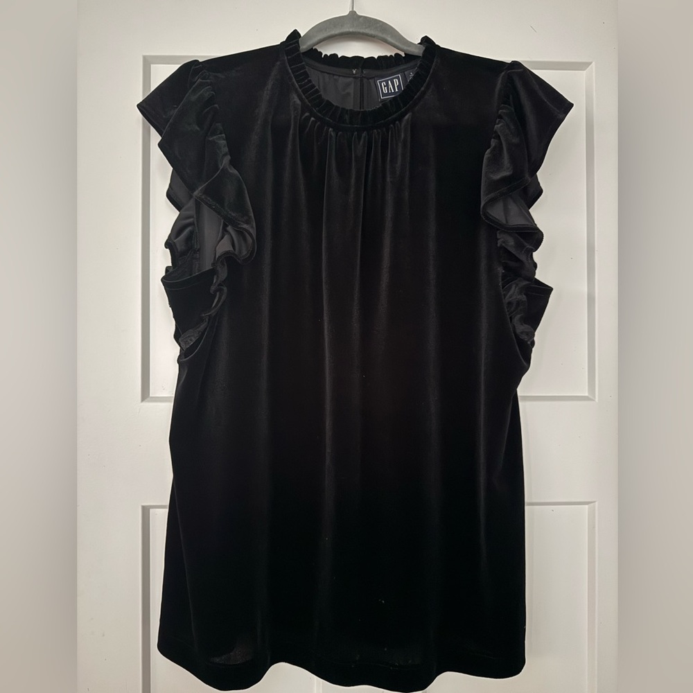 GAP Black Velour Blouse | Ruffle Sleeves & High Neck | Women’s Large